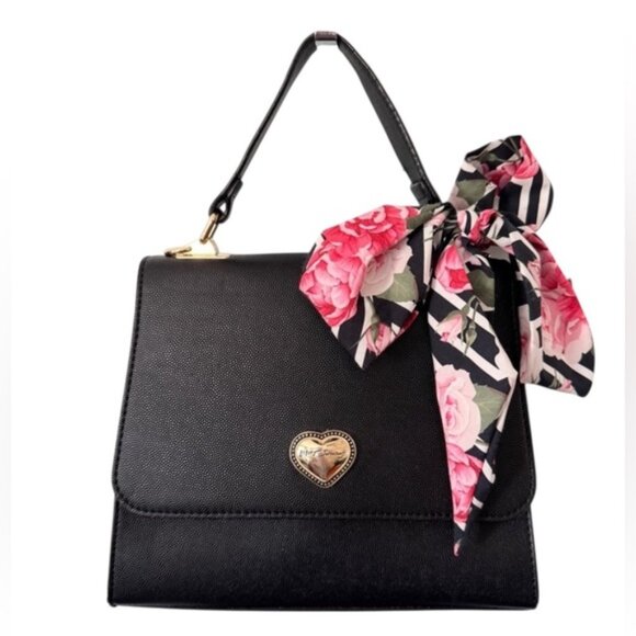 Betsey Johnson Black XO Mandy Croco Top-Handle Bag (w/floral twilly)(EUC) - Picture 1 of 4